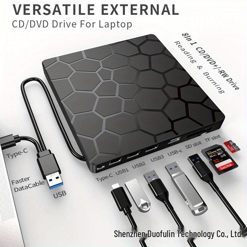 7-in-1 USB3.0 External Optical Drive & DVD Burner with Card Reader and Flash Drive Support