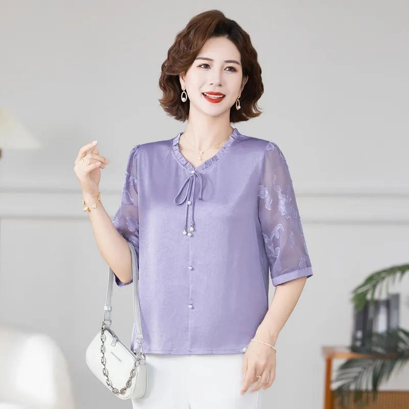 Women Chinese Style Tie V Neck Half Sleeve Chiffon Blouse
