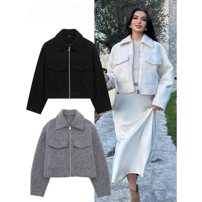 Vintage Women Solid Tweed Cropped Jacket with Pockets Long Sleeves Lapel Cardigan Coat Female Street Outerwear