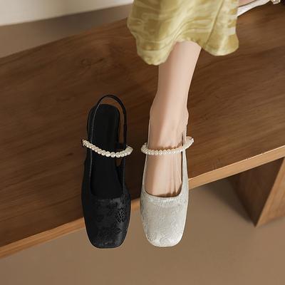 Гуофэн новые китайские жемчужные сандалии женские 2025 новые толстый каблук задняя воздушная пятка с туфли-чонсам с юбкой одинарные туфли