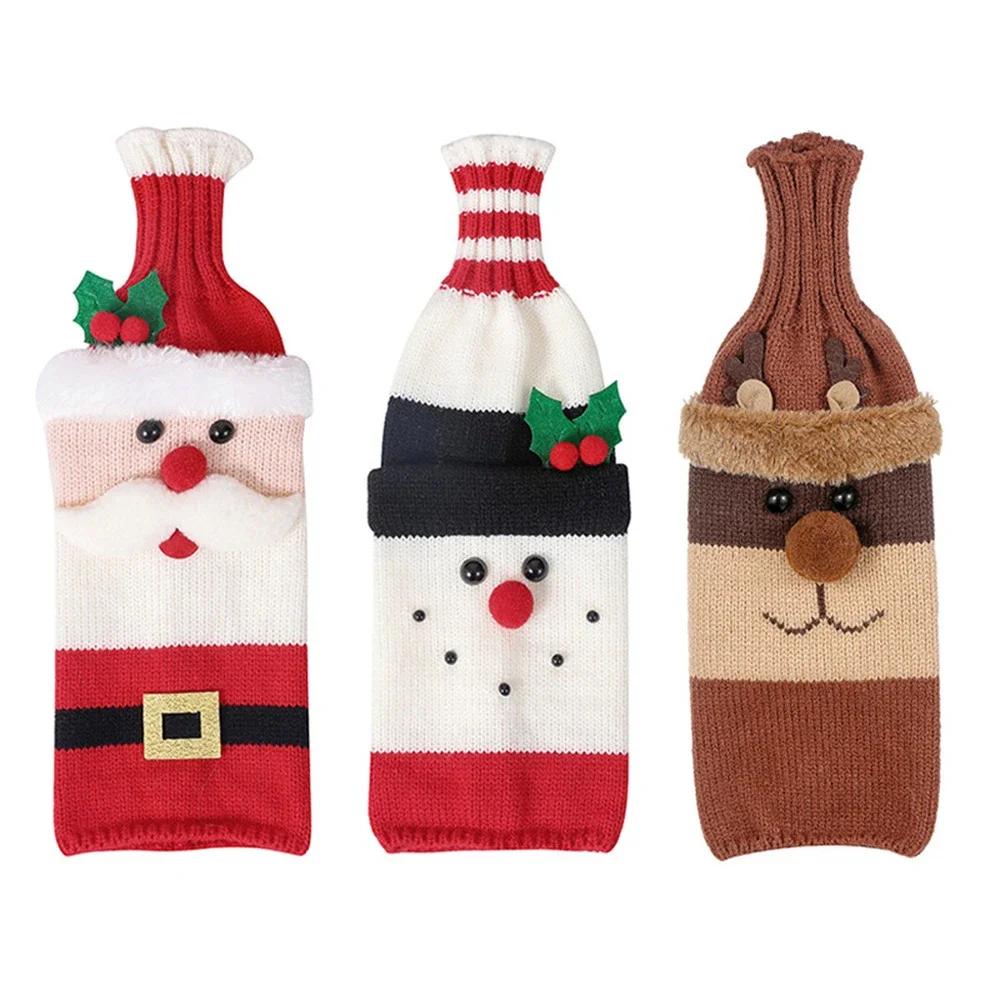 Christmas Cute Wine Bottle Cover Cartoon Santa Snowman Woven Wine Bottle Bags for Christmas Party Dinner Table Decorations