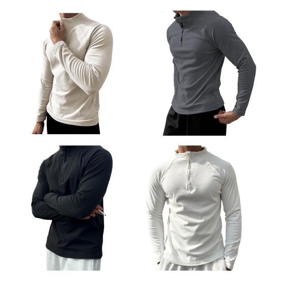 Мужская футболка с длинным рукавом, зимняя осенняя однотонная толстовка с полувысоким воротником-молнией, повседневные мужские топы для занятий спортом, повседневная одежда