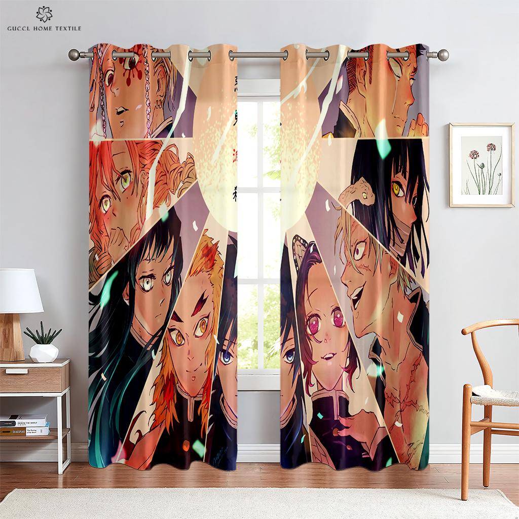 Hot-Blooded Anime Cartoon Printed Curtains, 100% Polyester, Rod Pocket Curtains, Kitchen, Living Room, Children's Room, 2 Pcs