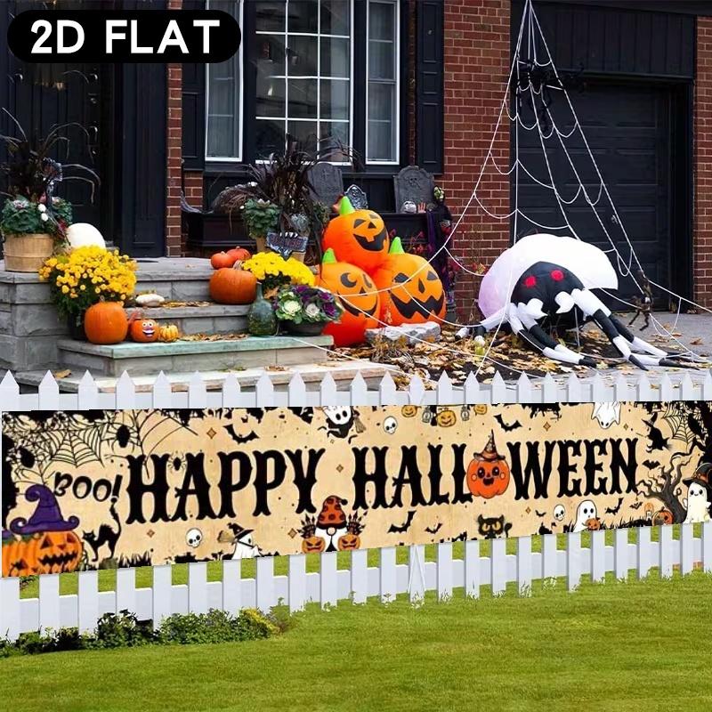 Happy Halloween Pennant Flag, Pumpkins Ghosts Bats Skulls Design, Polyester Outdoor Garden Celebration Decoration