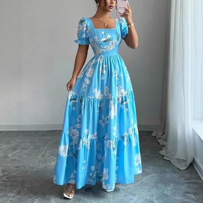 Женское синее макси-платье с цветочным принтом, квадратным вырезом, пышными рукавами и многоярусной оборкой