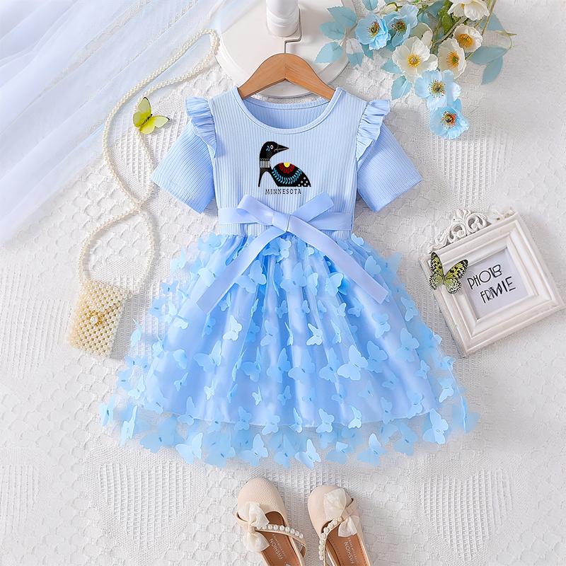 Girls Butterfly Tulle Dress, Dazhou Printing,Cute Princess Party Dress with Bow, Short Sleeve Summer Dress for Little Girls