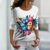Women Autumn Tops Loose White Butterfly Print Causal Long Sleeve T-shirt Top Blouse