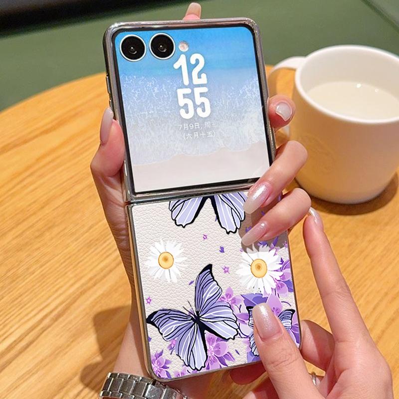 Purple Butterfly PU Leather Phone Case For Samsung Galaxy Z Flip7 FE Flip6 Flip 7 6 5 5G Silver Plating Frame Hard Folding Cover