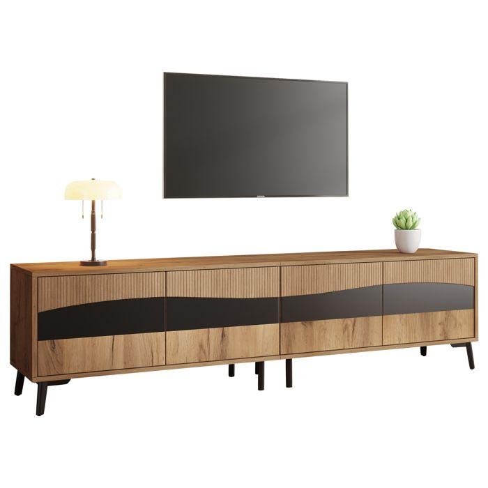 Meuble TV - LEMONBEST - Meuble TV de salon moderne - 180x40x50 cm - 4 portes - Bois & noir