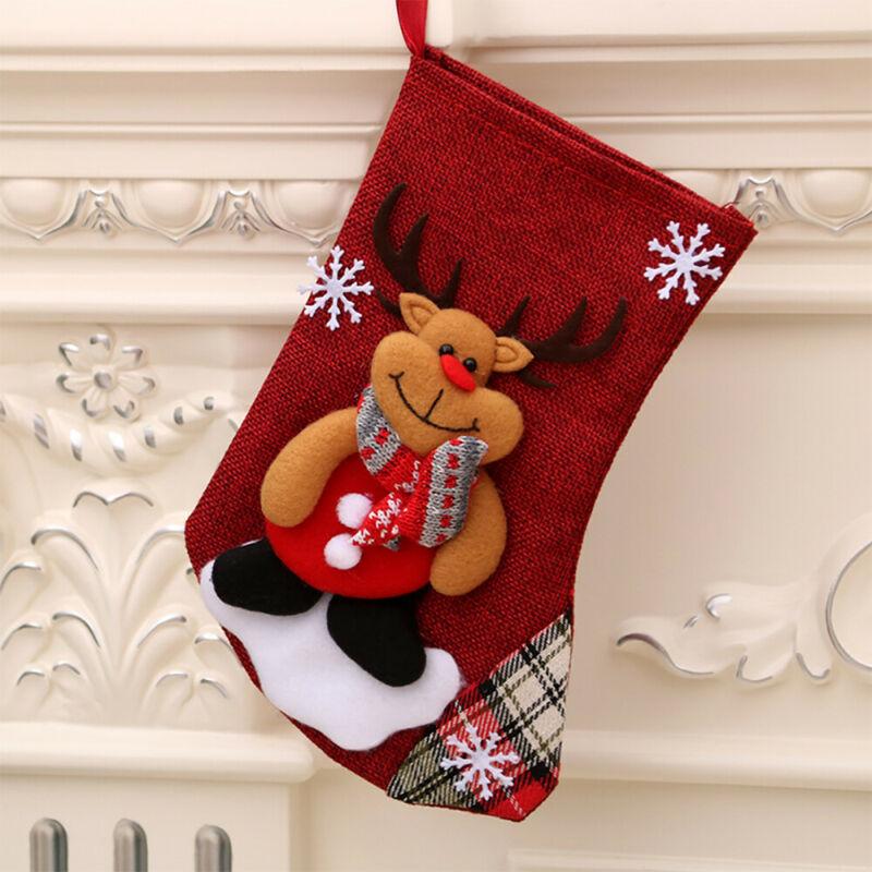 Lovely Xmas Printed Stocking Decorations, Santa Claus Ornament, Linen Tree Hanging Socks, Christmas Gift Candy Bags