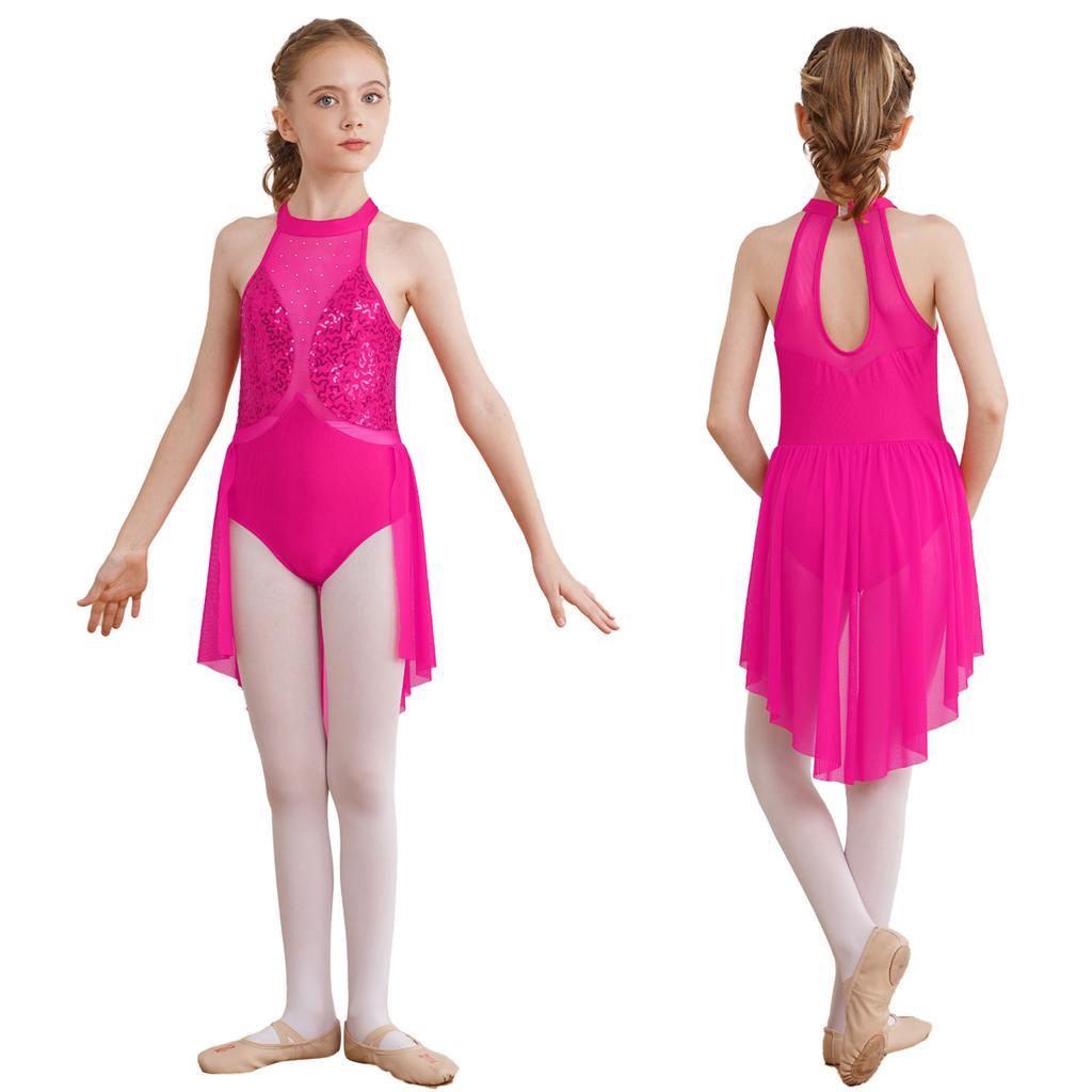 Детское блестящее сетчатое лоскутное трико с блестками для девочек, платье с вырезом на спине, платья без рукавов для фигурного катания, лирическая танцевальная одежда