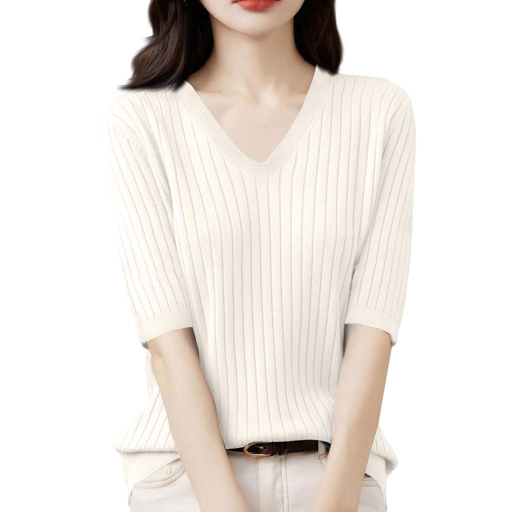 Женская мода свободный трикотажный свитер нижняя часть рубашки V-образный вырез пуловер короткий рукав однотонный топ