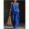 1116 set European and American women's clothing printed neck V-neck sleeveless casual pants set