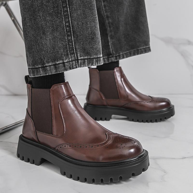 Men’s Chelsea Thick Sole Platform Punk Black Leather Boots Brown Brogue Shoes Round Head Motorcycle Boots High Boots Plus Size