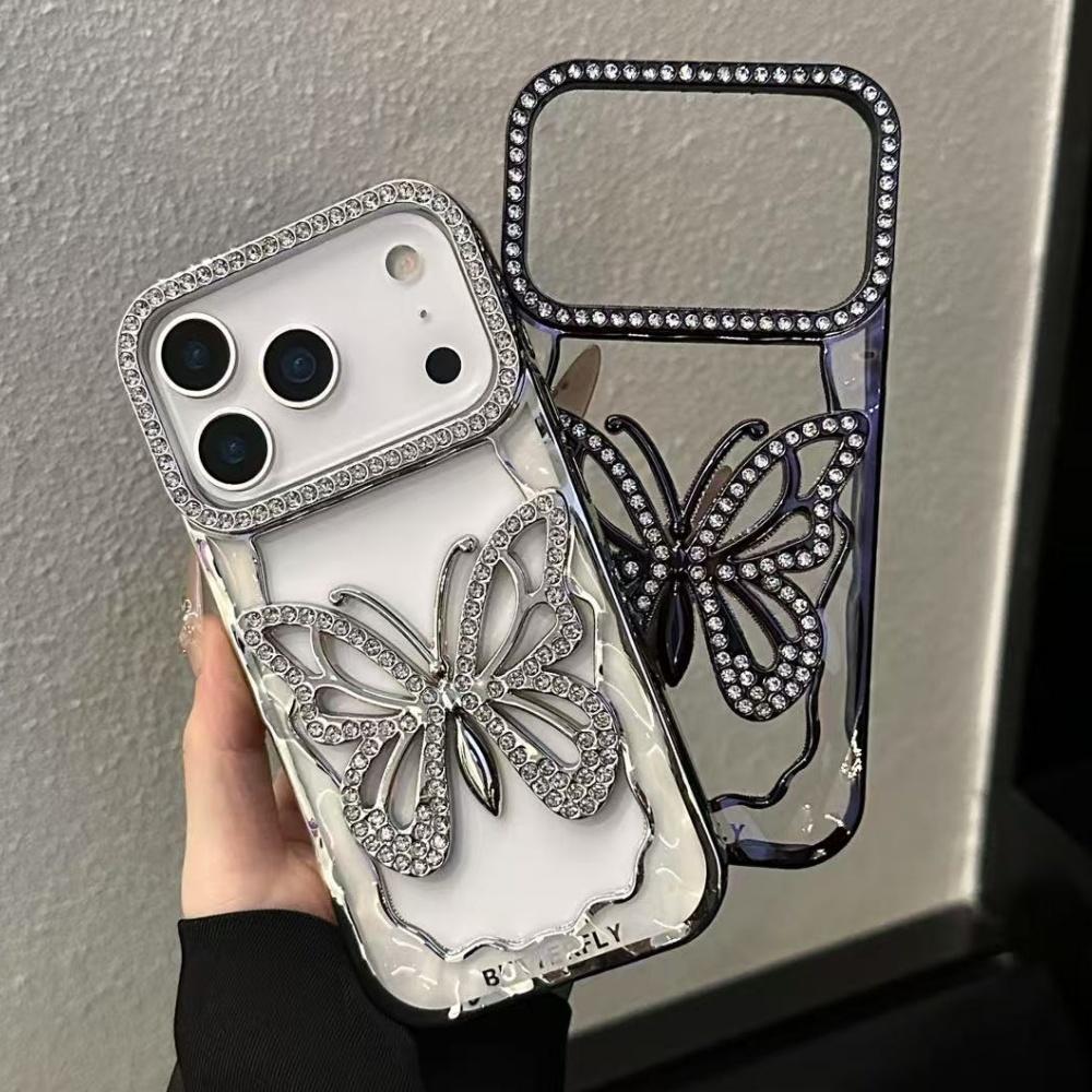 Чехол с покрытием, бабочка, полый, блестящий, с бриллиантами, для iPhone 17 16 15 14 13 Pro Max Plus, блестящий, со стразами, противоударный