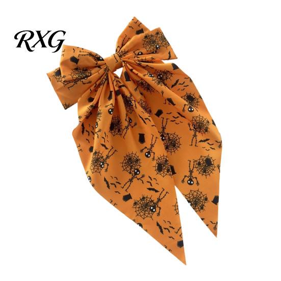 Halloween Bow Hairpin Spring Hair Clips for Women, Pumpkin Skeleton Ghost Hand Printed Clip Fabric Barrettes, Cute Horror Accessories Holiday