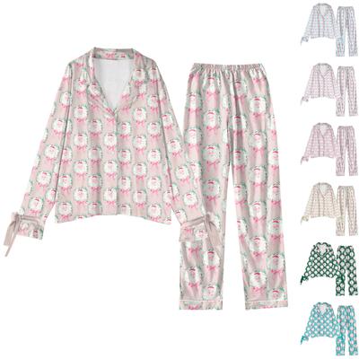 Женский костюм из 2 предметов с принтом, топ на пуговицах с длинными рукавами, широкие брюки, комплект, пижамный домашний повседневный костюм
