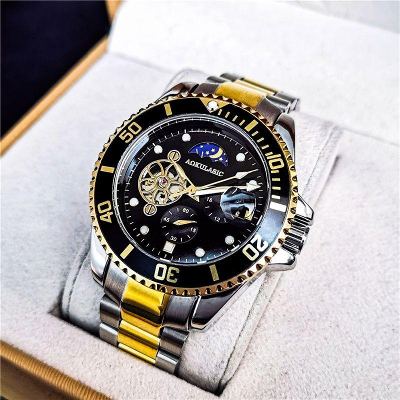 Luxury Moon Phase Skeleton Automatic Watch for Men Luminous Fashion Sports Tourbillon Mechanical Watches Stainless Steel Strap