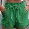 Cotton Linen Shorts Women'S Pants Solid Color Thin Hollow Out Design Trim Pocket Tight Waist Shorts Beachwear White