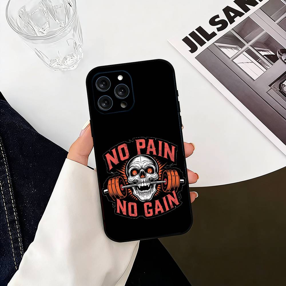 No Pain No Gain Gym Phone Case For iPhone 17,16,15,14,13,12,11 Plus,Pro Max,XS,Soft Silicone Black Cover