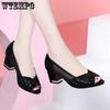 Medium Heel Sandals Female Thick Heel Gauze Korean Version of All Fashion Single Shoes Female
