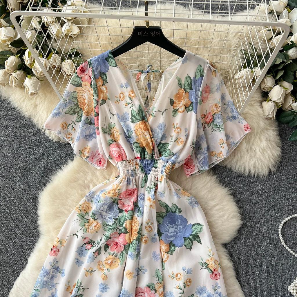 Морское праздничное шифоновое платье с принтом, женское летнее новое обтягивающее талии с v-образным вырезом средней длины, большая распашная юбка, модная