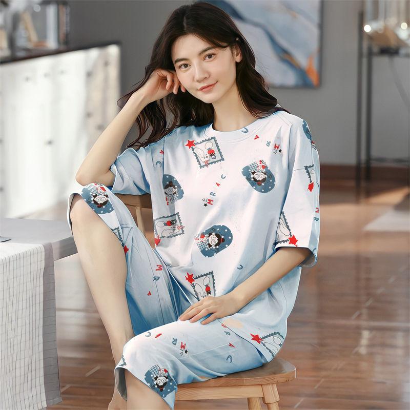 Летние капри в клетку женские пижамы для сна с короткими рукавами пижамные комплекты с рисунком пижамы из полиэстера 3XL 5XL домашняя мода