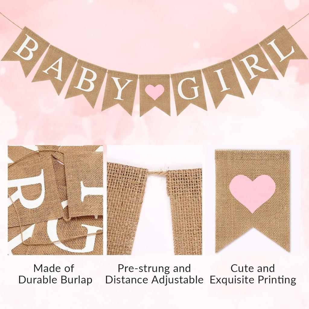 Pre-Strung Baby Girl Burlap Banner, Gender Reveal Banner for Baby Shower Party Decorations (Light Pink Heart)