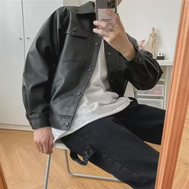 Мужская модная куртка из искусственной кожи 2023 года — корейский стиль, свободный крой для весны и осени