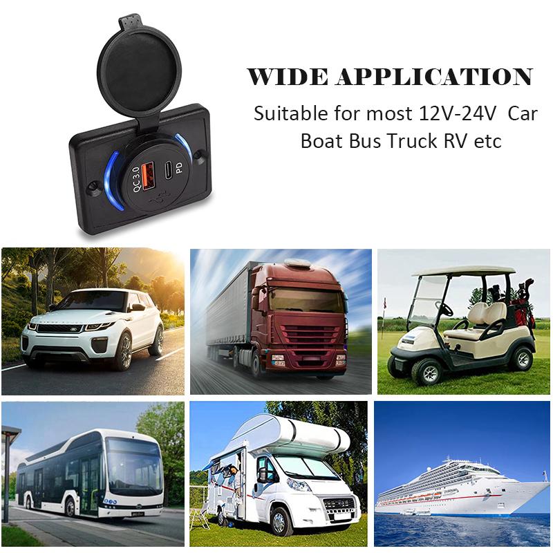 12-24 В PD QC3.0 USB-розетка для автофургона, USB-розетка, панель 18 Вт, быстрая зарядка, автомобильное зарядное устройство со светодиодной подсветкой для автомобиля, автобуса, грузовика, лодки, квадроцикла, автофургона