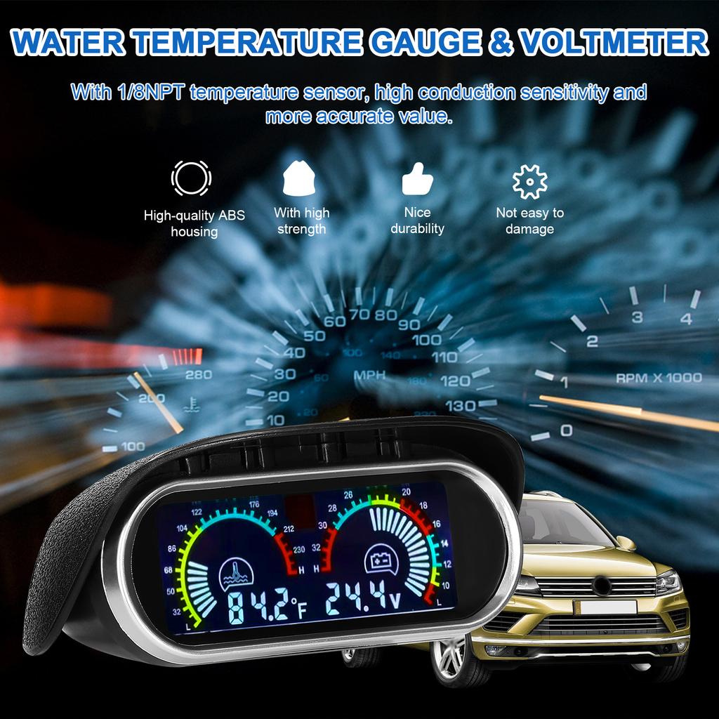 2 In 1 Universal Car Digital Gauge Water Temperature Voltage Gauge Voltmeter 936V with 18NPT