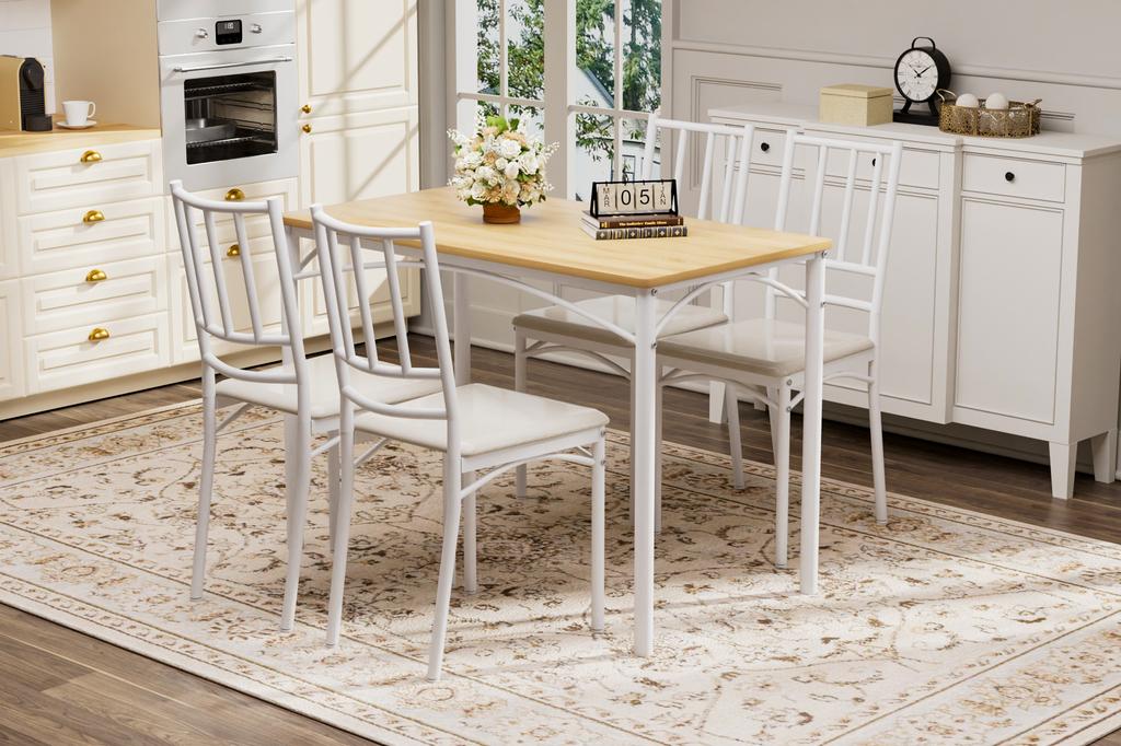 Dining table set, bar table with 4 dining chairs, industrial breakfast table for kitchen, living room, natural color and white, 110cm*60cm*76.5cm