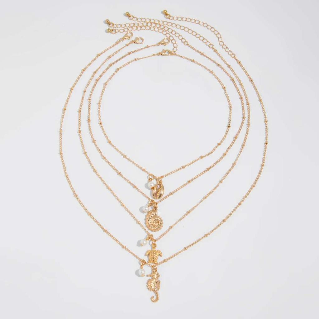Salircon 4Pc/Set Boho seahorse Sea Turtle Pendant Necklace Women 2026 New Summer Conch Imitation Pearl Charms Chain Jewelry