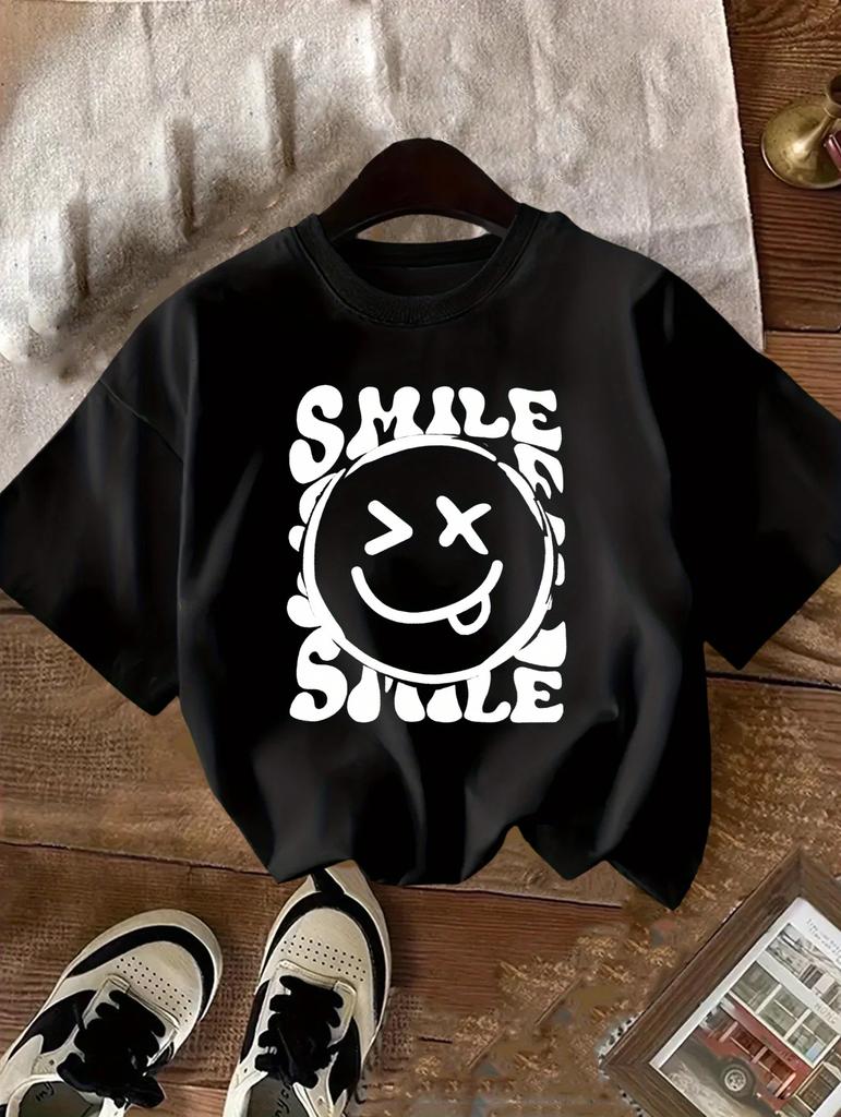 New Arrival Girls Polyester T Shirt, Cute Letter Smiley Face Print Round Neck Short Sleeve Tops, Breathable Casual Summer Kids Tees