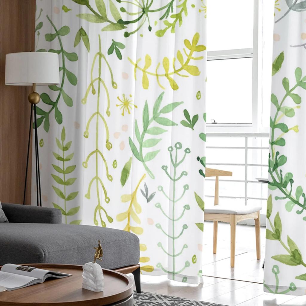 Wreath Green Watercolor Flower Tulle Curtains for Living Room Kitchen Bedroom Sheer Tulle for Cafe Hotel Modern Home Decor