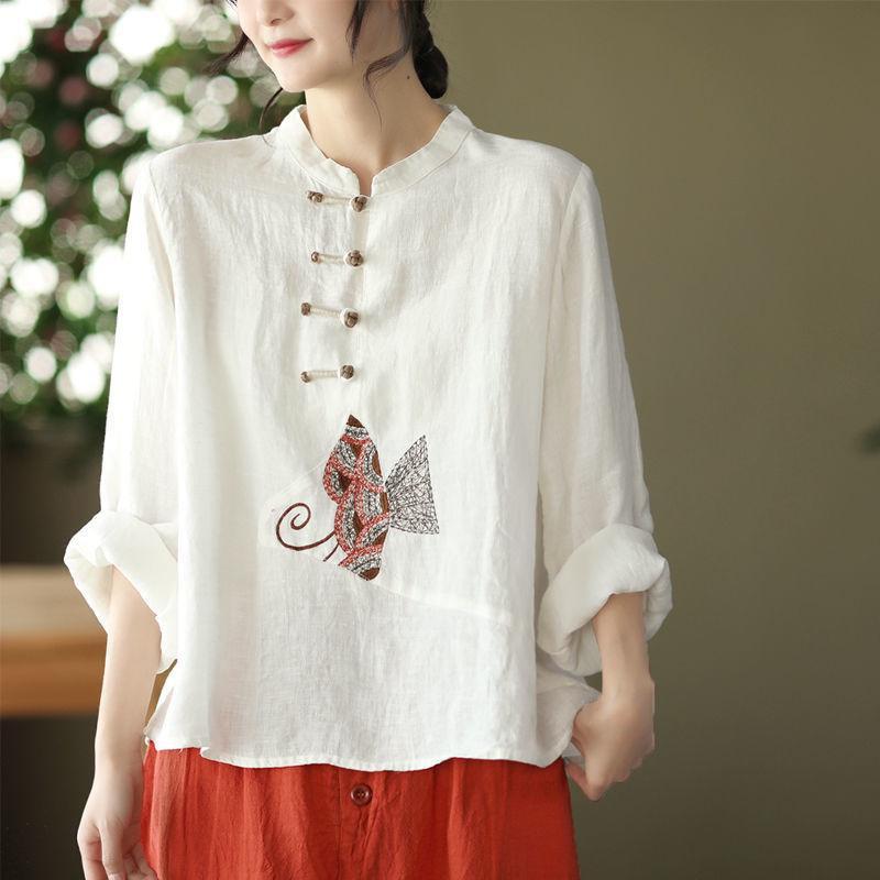 Women's Ethnic Chinese Embroidery T Shirt Top Loose Casual Office Shirt