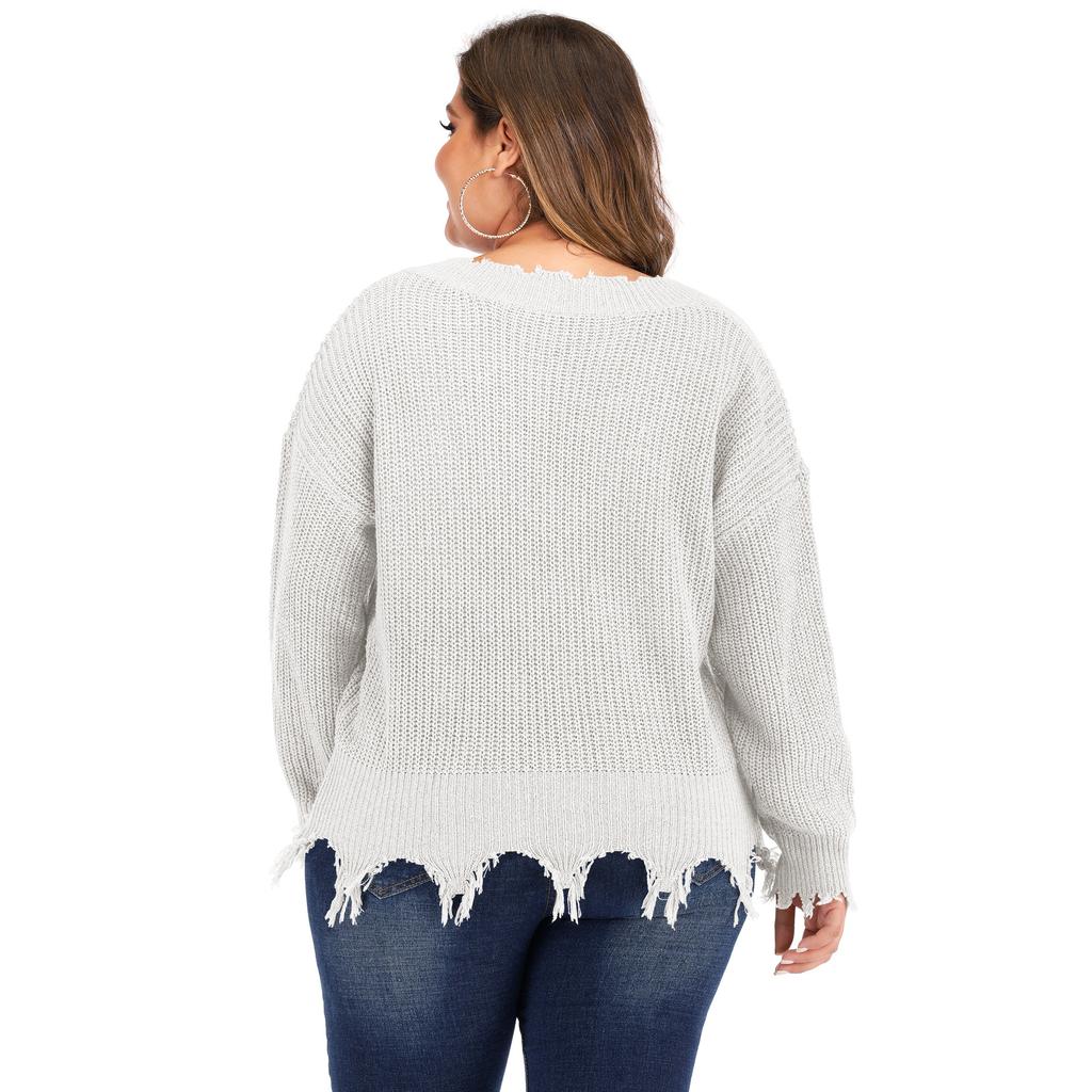 Women's Autumn and Winter Large Size Long Sleeve V-Neck Splicing Thickened Sweater