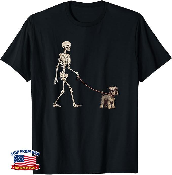 Funny Miniature Schnauzer Skeleton Dog Walking Halloween Dog T-Shirt