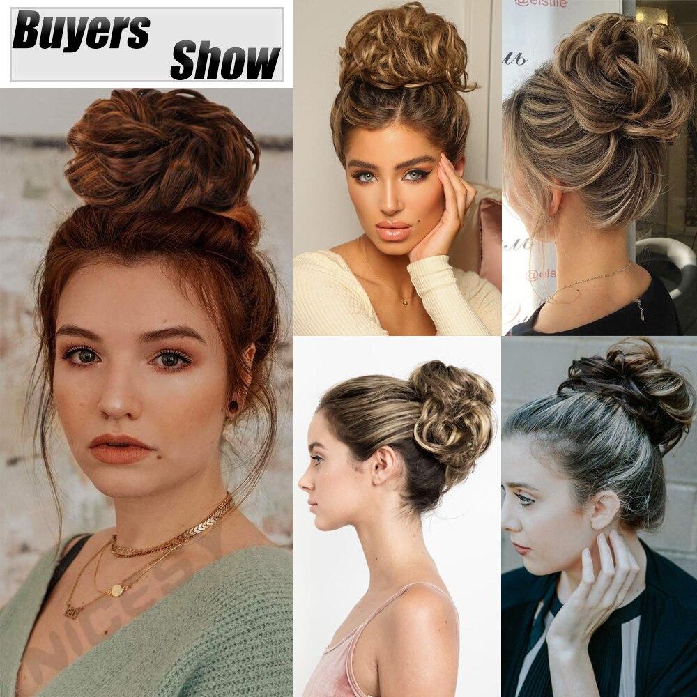 MISS WIG Women Messy Chignon Donut Hair Bun Fake Hair Elastic Chignon Synthetic Fiber Hairpiece Gray Black Brown Color