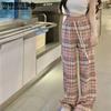 High Waisted Drawstring Pink Plaid Pants Loose Drape Casual Pants Female Student Straight Tube Wide Leg Pants Slimming Pants