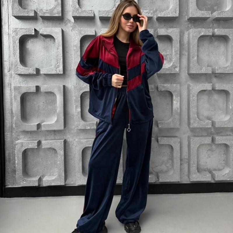 Womens Casual Color-Block Zip-Up Cardigan Elastic Waist Wide-Leg Pants 2-Piece Set