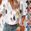 Women Casual Notched Lapel Feather Print Short-sleeved Blouse Top