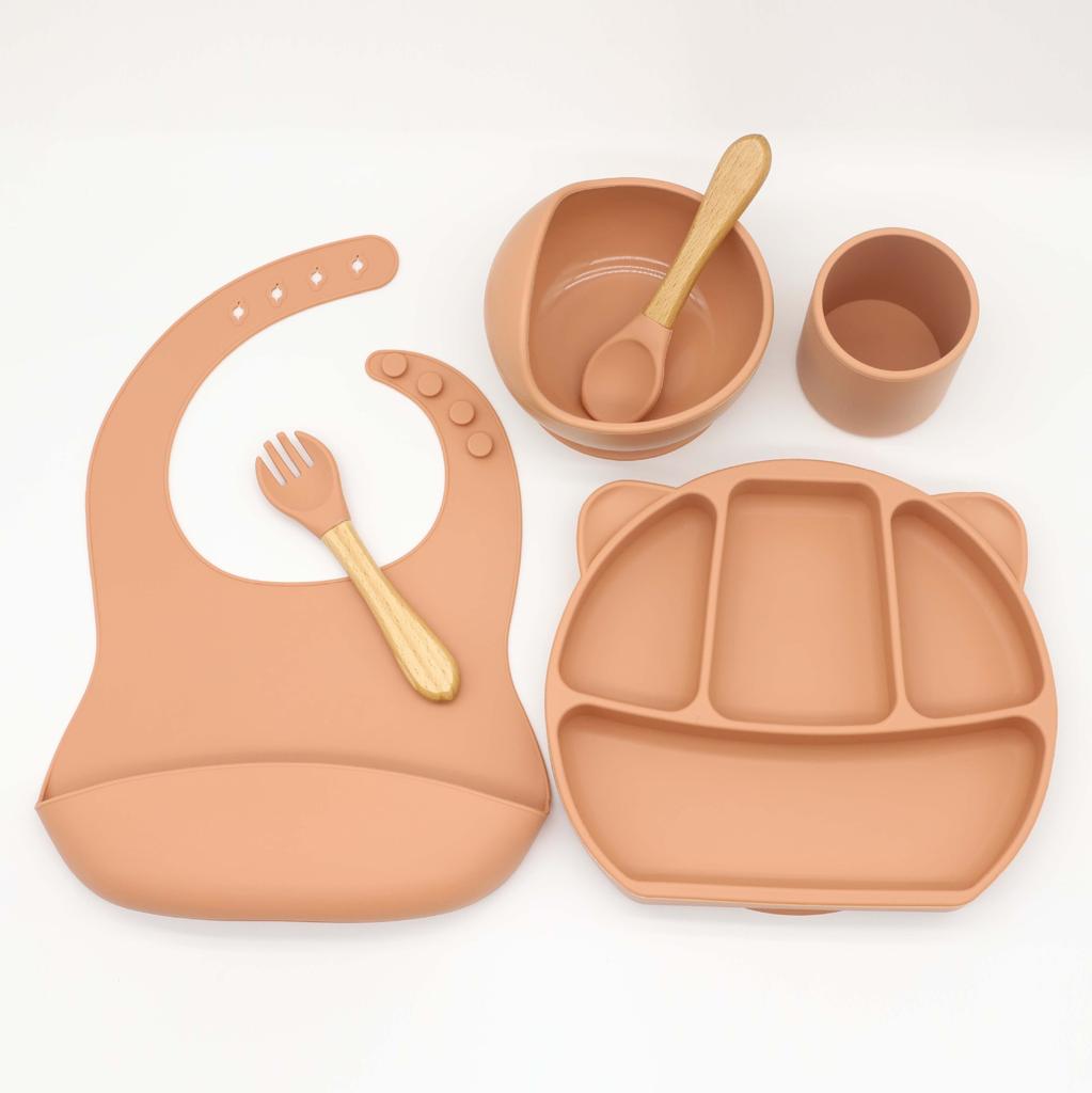 6PCS BPA Free Baby Silicone Tableware Bib Flexible Solid Color Sucker Bowl Spoon Fork for Children Learning Feeding Flatware