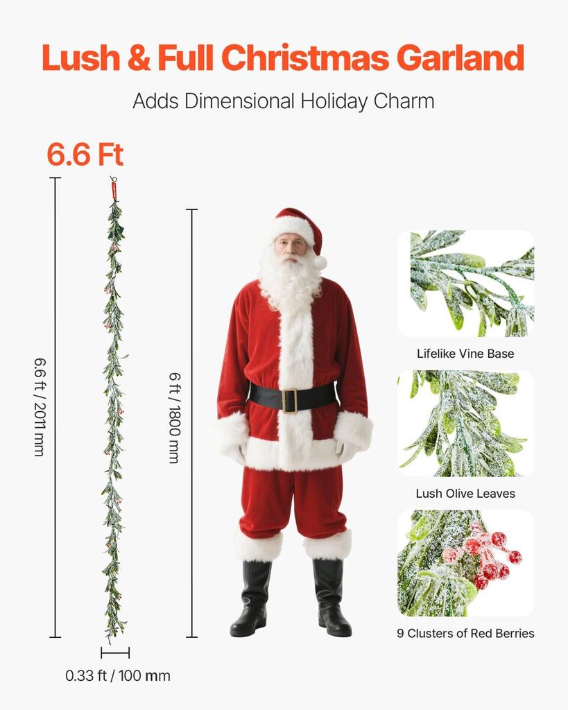 Christmas Garland, 2011 mm Realistic Greenery Decorated with Vines, Olive Leaves, and Berries, Evergreen Faux Garlands with Light String for Indoor