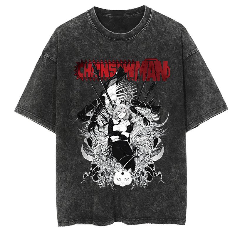 Chainsaw Man Anime Clothing Makima Graphic Print Tee Men Women Oversized Casual Tshirts Harajuku Male Washed Cotton T-shirt