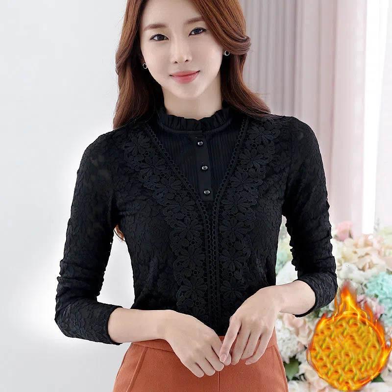 Autumn and Winter Fleece Thickened Lace Bottoming Shirt Ladies Long-sleeved All-match Modified Figure Plus Size Thermal Top