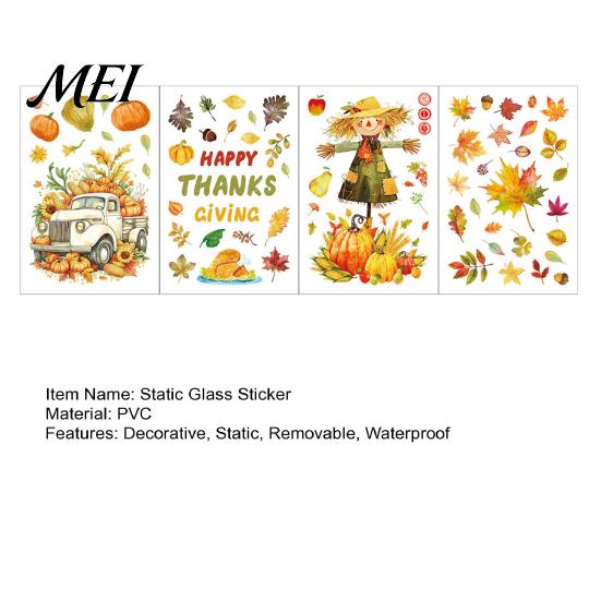 Thanksgiving Party Decor 4 Sheets Autumn Harvest Static Window Stickers, Maple Leaves Pumpkins Scarecrow Pickup Truck Decorative PVC Film Decals,