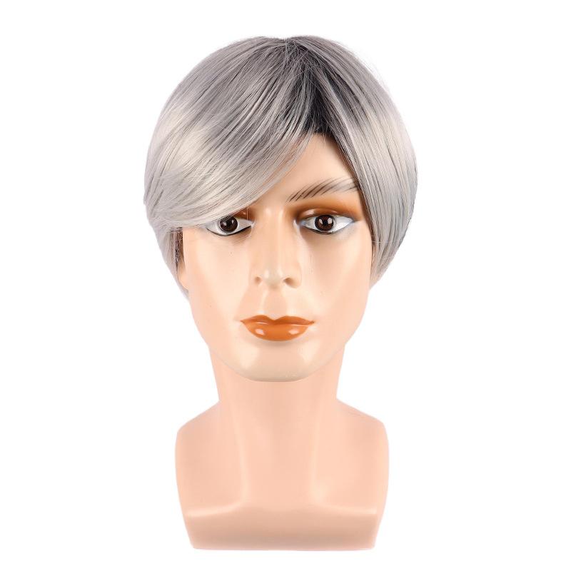 Synthetic Dark Root Ombre Grey Hair Wig for Men Cosplay Costume Anime Natural Ash Blonde Wigs Short Wave Old Man Wig with Bangs