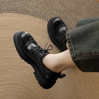 Новая женская модная одинарная обувь с круглым носком на шнуровке на толстой подошве нескользящая большого размера женская обувь на низком квадратном каблуке для ношения в четыре сезона из маленькой кожи