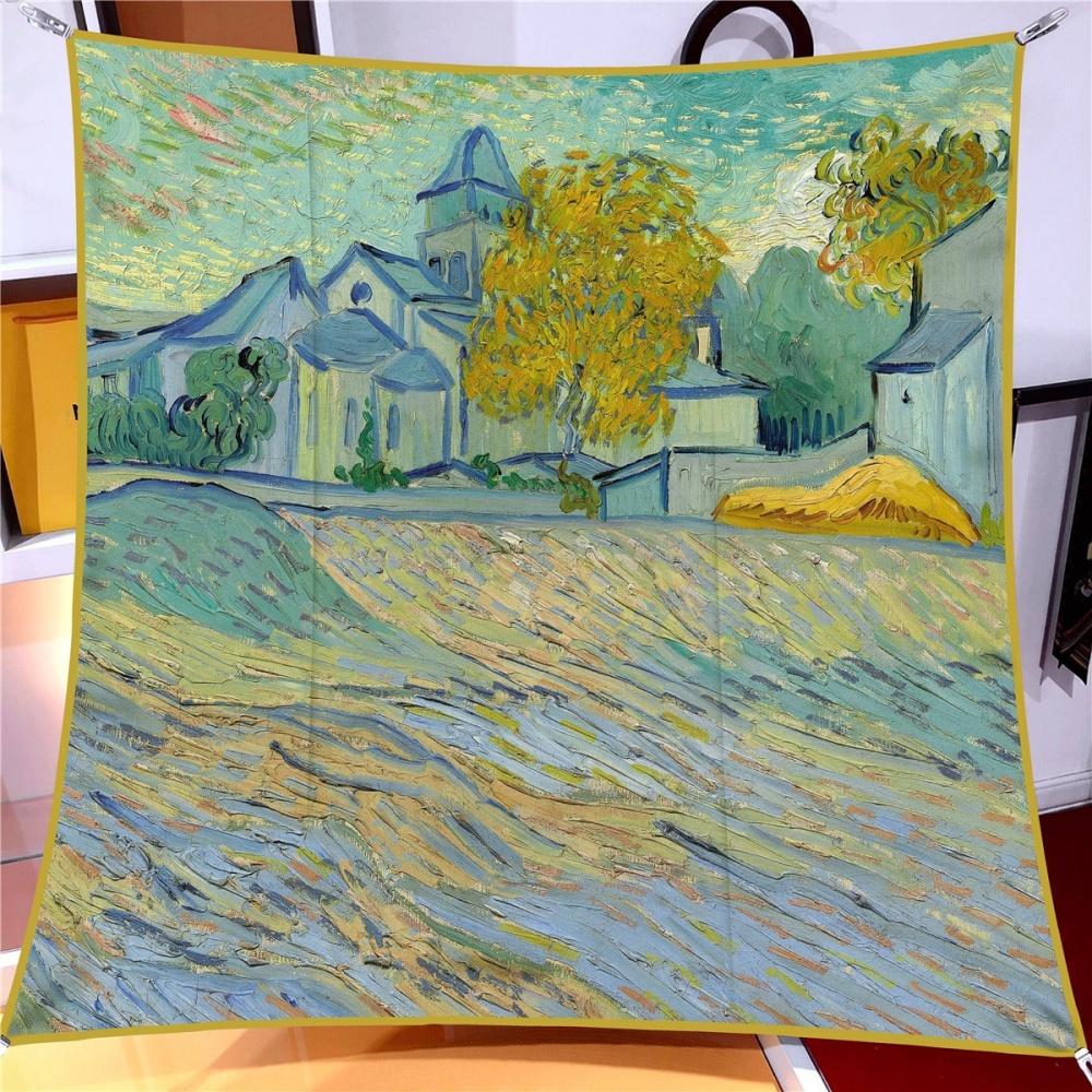 Silk Scarf Women Oil Painting Square Scarves Head Echarpes Silk Foulards Femme Wraps Beach Shawls Bandana Lady Hijabs 90CM